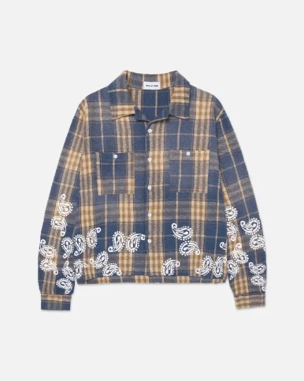 Ryoko Rain Blue Plaid Paisley Flannel Shirt (1)