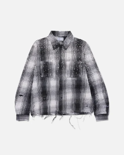 Ryoko Rain Distressed Plaid Rhinestone Flannel BlackWhite (1)