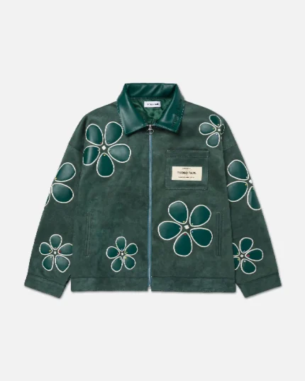 Ryoko Rain Floral Suede Work Jacket Green (1)