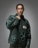 Ryoko Rain Floral Suede Work Jacket Green (2)